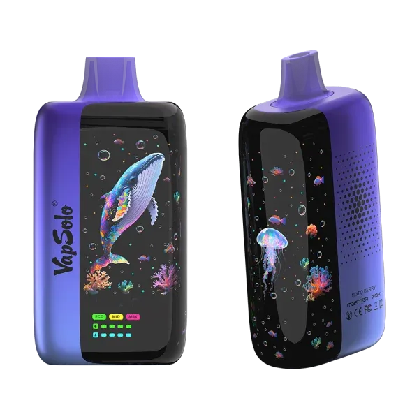 Dual-view of the VapSolo MASTER 70K vape featuring an oceanic-themed screen with vibrant whale and jellyfish graphics. Includes eco, mid, max settings and Mixed Berry flavor labeling.
