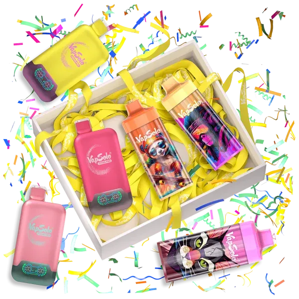 A colorful collection of VapSolo vape devices with enticing flavors, including BLACK RAZZ and MANGO ICE, arranged in a festive box with yellow ribbons.