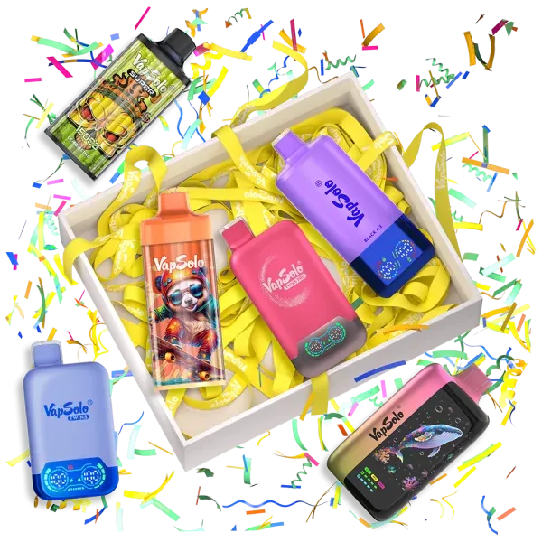 Vibrant assortment of VapSolo vape kits in a gift box, showcasing flavors like BLUE RAZZ LEMONADE, Aloe Grape, and Black ice Dragon Fruit Strawberry.