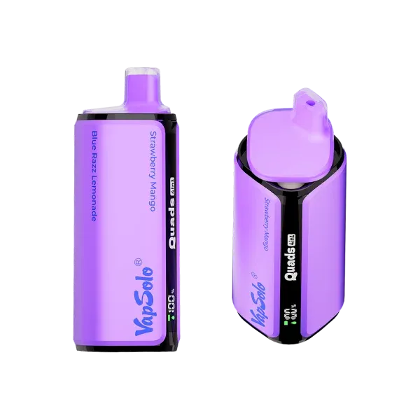 Two views of the VapSolo Quads 600 disposable vape in Blue Razz Lemonade flavor, showcasing its sleek purple design and mouthpiece.