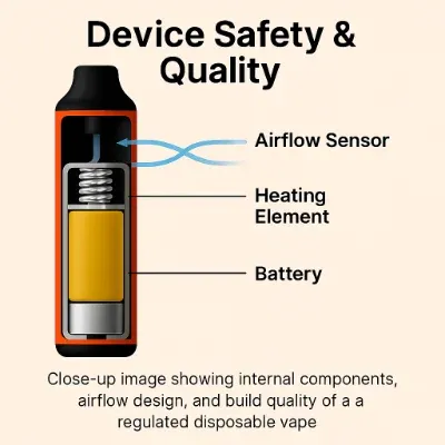 Diagram illustrating the internal components of a regulated disposable vape, highlighting the airflow sensor, heating element, and battery.