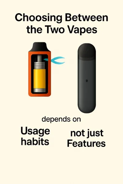 Illustration comparing two vape devices with text: "Choosing Between the Two Vapes," "depends on Usage habits," and "not just Features."