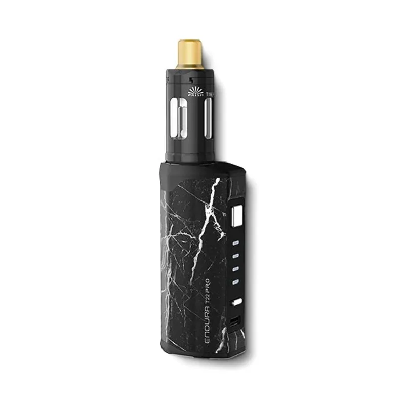 Innokin Endura T22 Pro vape device with a black marble design, featuring a gold mouthpiece and visible branding.
