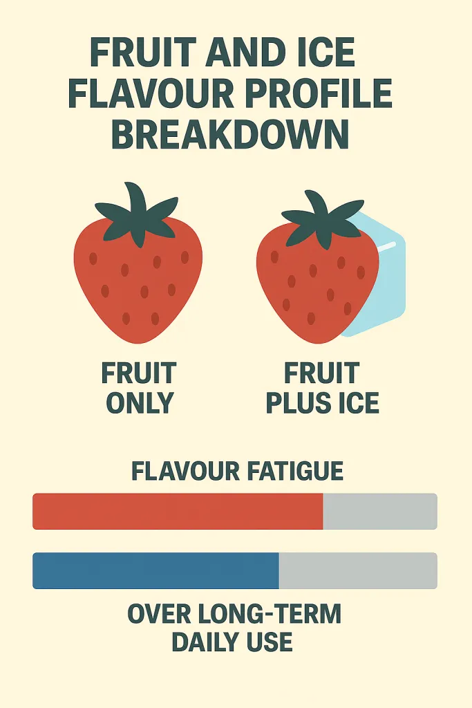 Infographic comparing flavour fatigue of fruit-only vs fruit plus ice, highlighting "Fruit and Ice Flavour Profile Breakdown" with strawberries and ice cube illustrations.