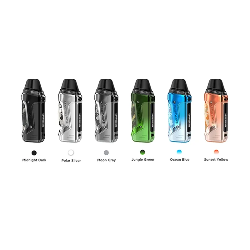 Geekvape AN2 vapes in Midnight Dark, Polar Silver, Moon Gray, Jungle Green, Ocean Blue, and Sunset Yellow displayed in a row.