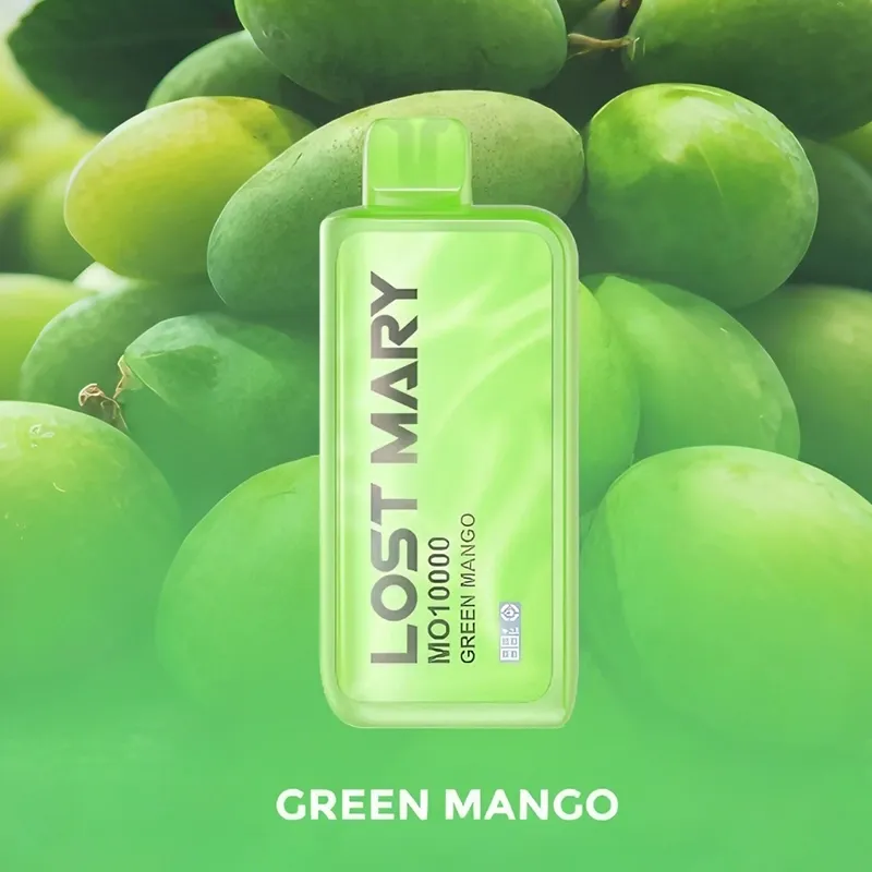Lost Mary MO10000 Green Mango vape device placed against a background of green mangoes. Text reads "GREEN MANGO."