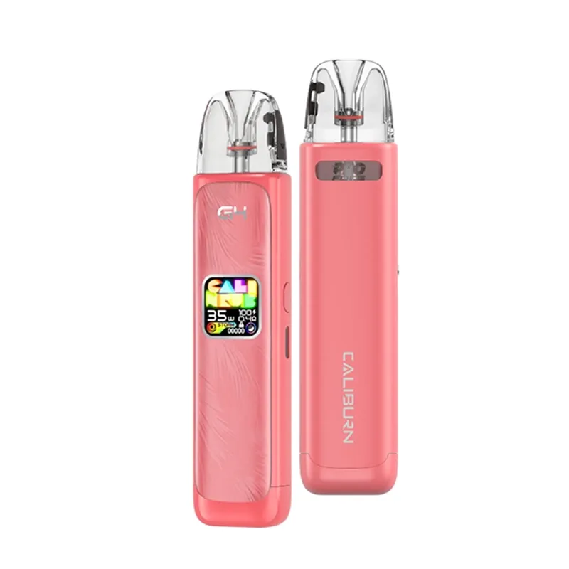 Front and side view of a pink Uwell Caliburn G4 vape device with a visible "CALIBURN" brand name and display showing "35W 70000 puffs".