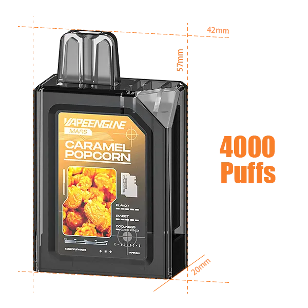 Vapengin Mars vape device featuring a caramel popcorn flavor with 4000 puffs. The device is rectangular with clear mouthpiece, displayed dimensions, and detailed branding.