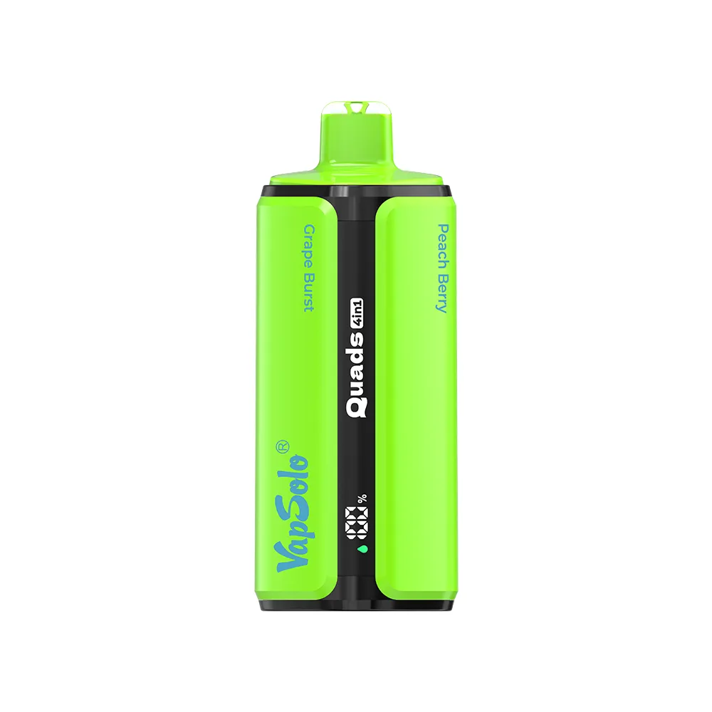Vapsolo Quads vape device featuring Grape Burst and Peach Berry flavors with visible Vapsolo branding.
