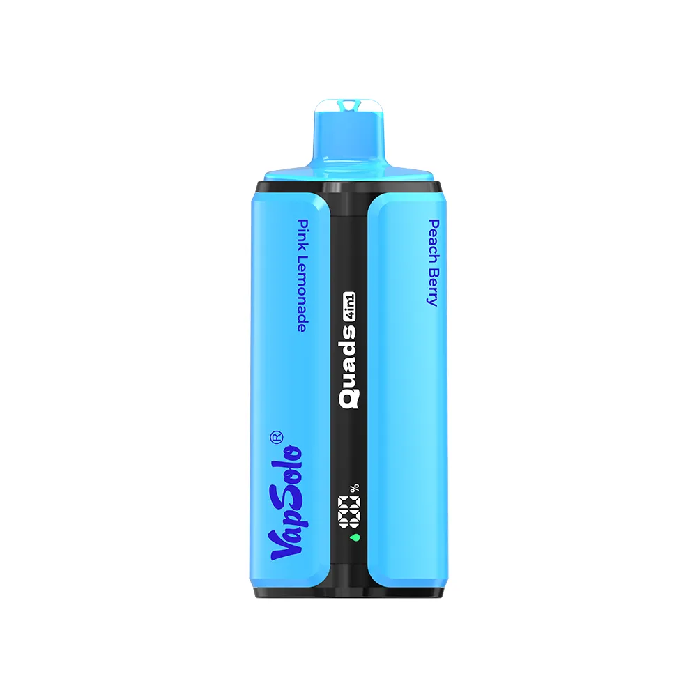 VapSolo Quads 80K disposable vape featuring flavors Pink Lemonade and Peach Berry, in a sleek blue design.