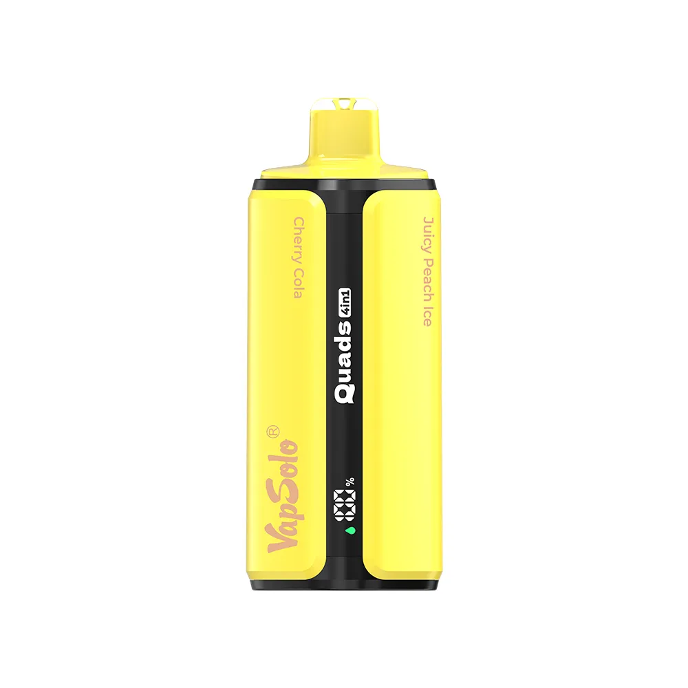 Vapsolo Quads 80K vape device featuring Cherry Cola and Juicy Peach Ice flavors, highlighted text on a vibrant yellow and black design.