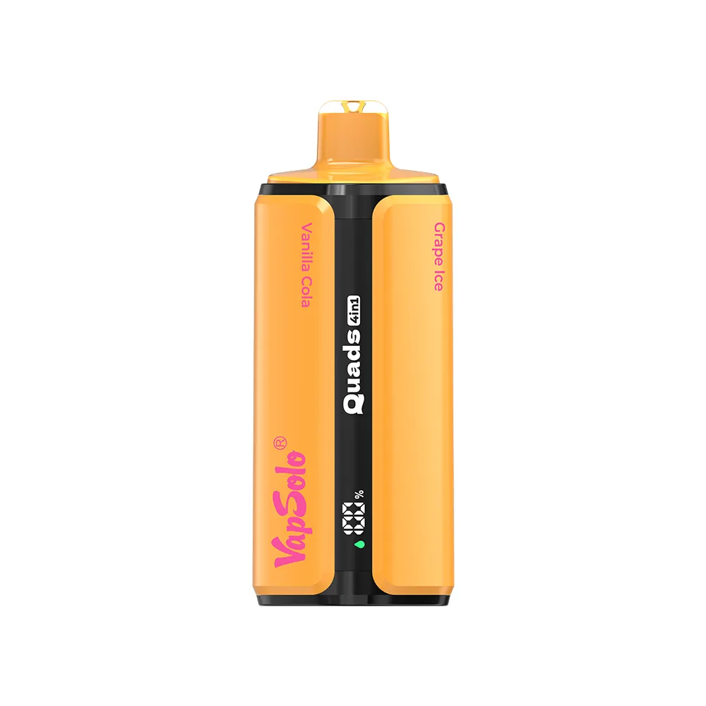 Vapsolo Quads 80K vape featuring Vanilla Cola and Grape Ice flavors with branded labeling.