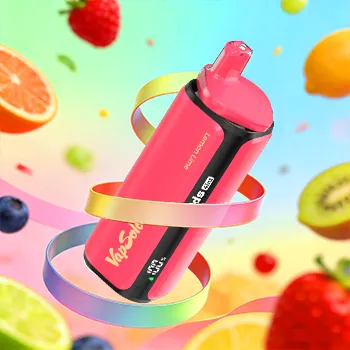Vapsolo vape showcasing a rotating design with visible flavors: Peach Berry and Black Ice Strawberry Vanilla Cola, surrounded by vibrant fruits including oranges, strawberries, kiwis, and blueberries.
