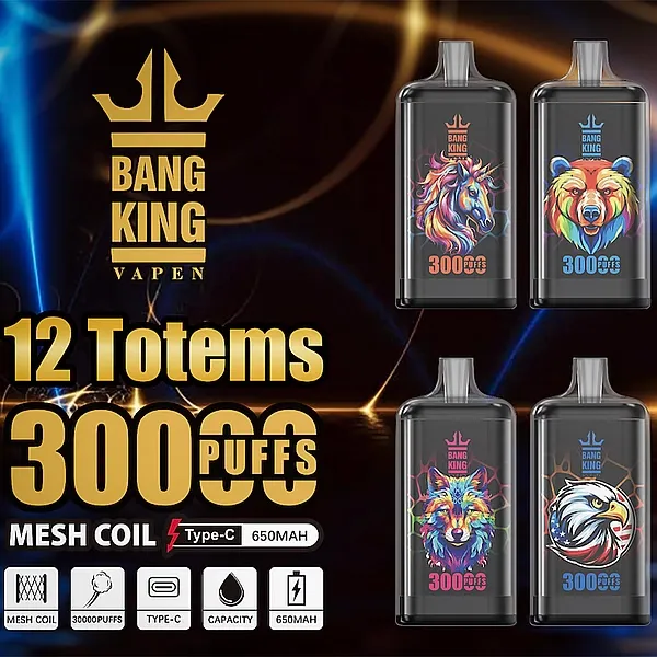 BANG KING VAPEN displays 12 Totems vaping devices, each offering 30000 puffs with 650mAh capacity, featuring mesh coil technology. Vibrant images of animals adorn the devices.