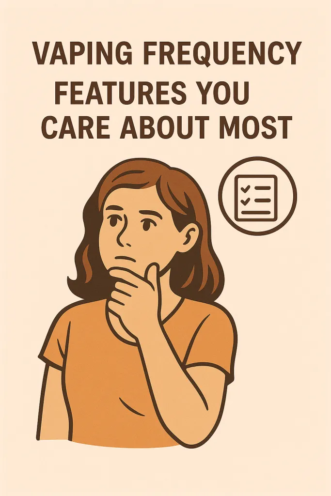 Illustrated woman pondering, with the text "VAPING FREQUENCY FEATURES YOU CARE ABOUT MOST" and a checklist icon next to her.