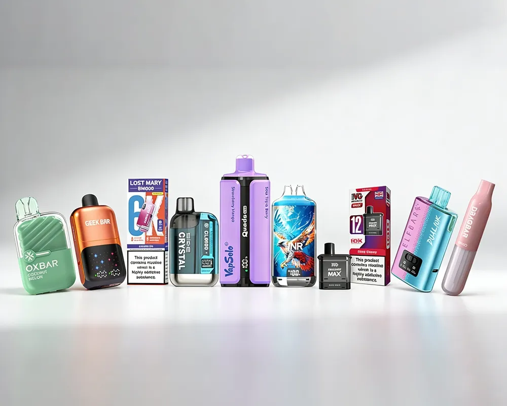 A variety of disposable vapes showcasing brands like Quads, Oxbar, Geek Bar, and Elf Bar, with flavors such as Cool Mint and Mass Cherry.