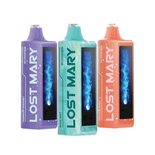 Three Lost Mary MO20000 disposable vapes in flavors Rainbow Sherbet, Miami Mint, and Dragon Drink, each with a colorful design and visible LED indicator.