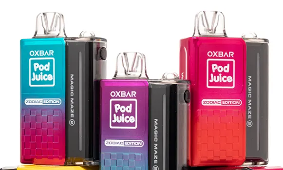 OXBAR Pod Juice Zodiac Edition featuring Magic Maze design in vibrant colors, showcasing the vape devices with clear branding.