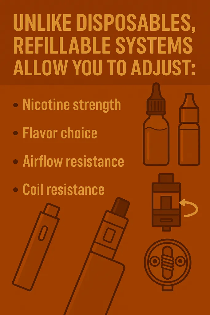 Illustration highlighting the benefits of refillable vape systems, including nicotine strength, flavor choice, airflow resistance, and coil resistance adjustments.