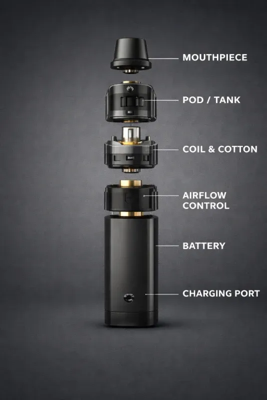Exploded view of a refillable e-cigarette showing labeled parts including mouthpiece, pod/tank, coil & cotton, airflow control, battery, and charging port.