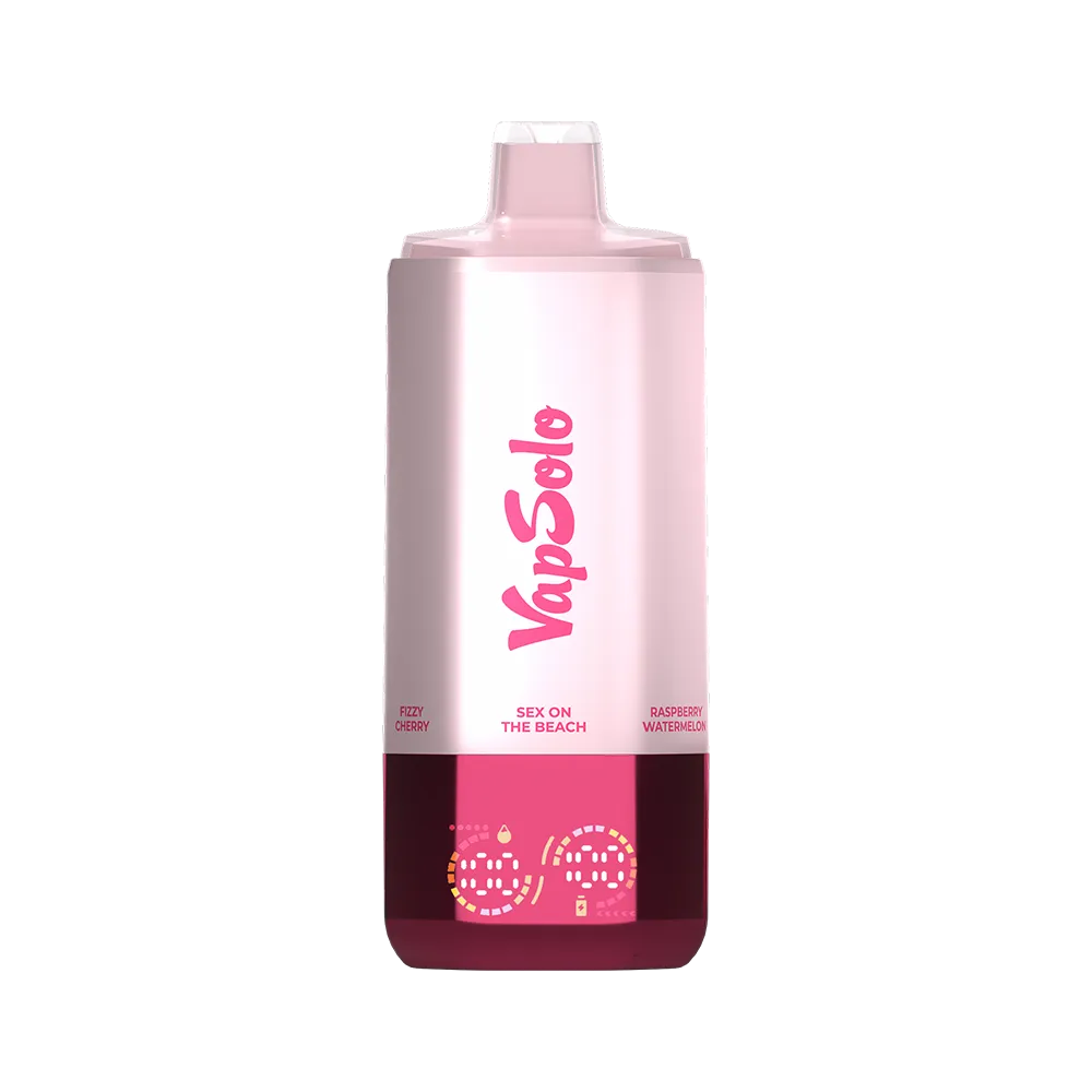 VapSolo vape featuring flavors Sex on the Beach, Raspberry Watermelon, and Fizzy Cherry, displayed on a pink-gradient device.