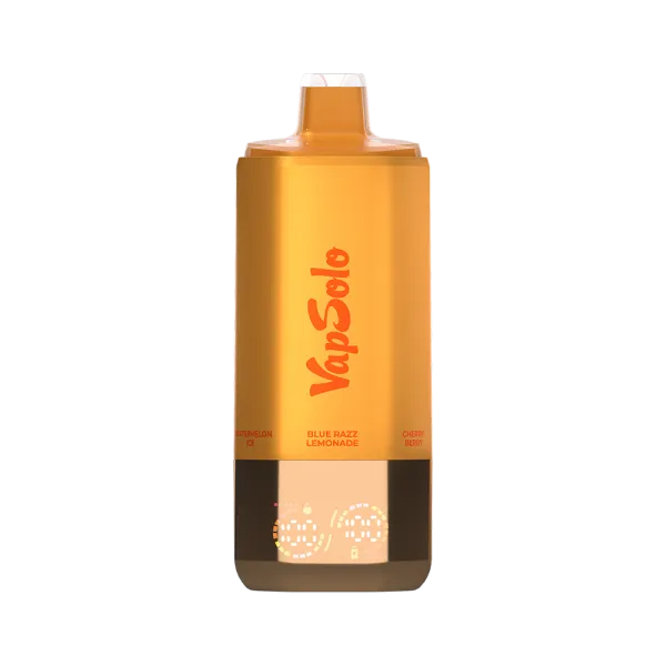 Image of a VapSolo vape device showcasing flavors: Watermelon Ice, Blue Razz Lemonade, and Cherry Berry on an orange casing.