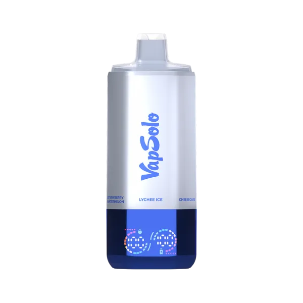 VapSolo vape product featuring Lychee Ice and Cheesecake flavors with visible text "Strawberry Watermelon" on a sleek blue and silver design.