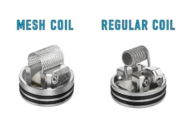 Image displaying a mesh coil and a regular coil used in vaping devices, highlighting differences in design and structure.
