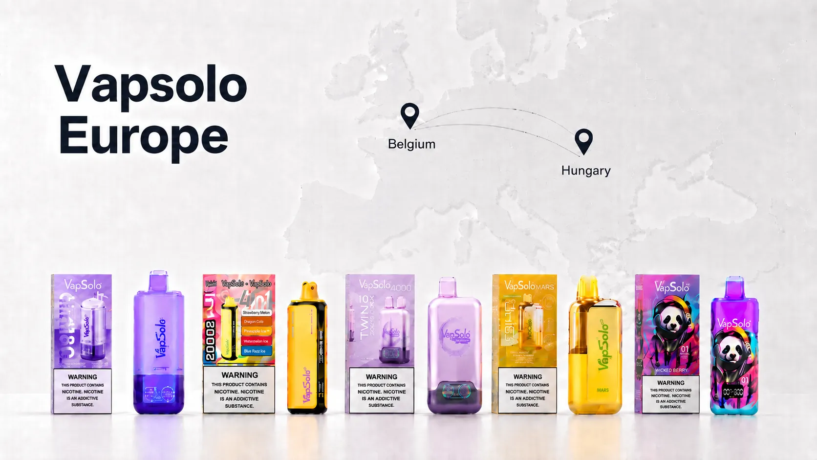 Vapsolo product lineup with official distributor locations in Hungary and Belgium