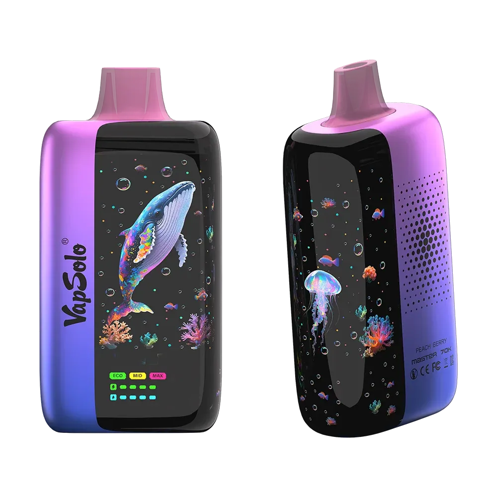 A VapSolo vape device featuring a colorful whale design and labeled with "Peach Berry," "Master," and "70K."