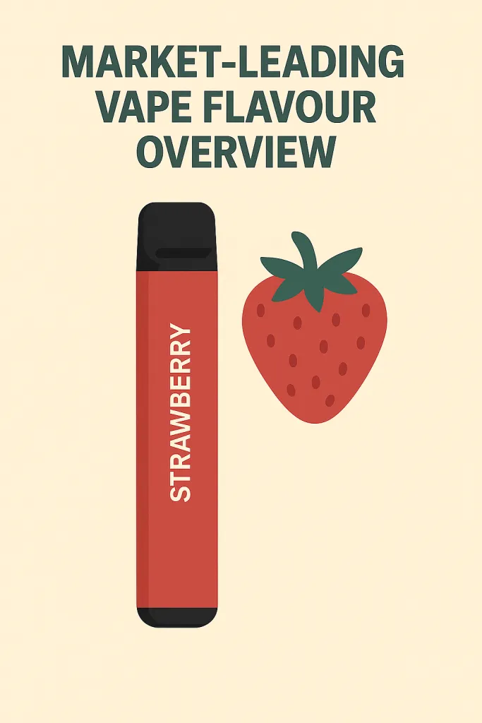 Image of a red vape device labeled "STRAWBERRY" next to a strawberry graphic, showcasing market-leading vape flavor overview.