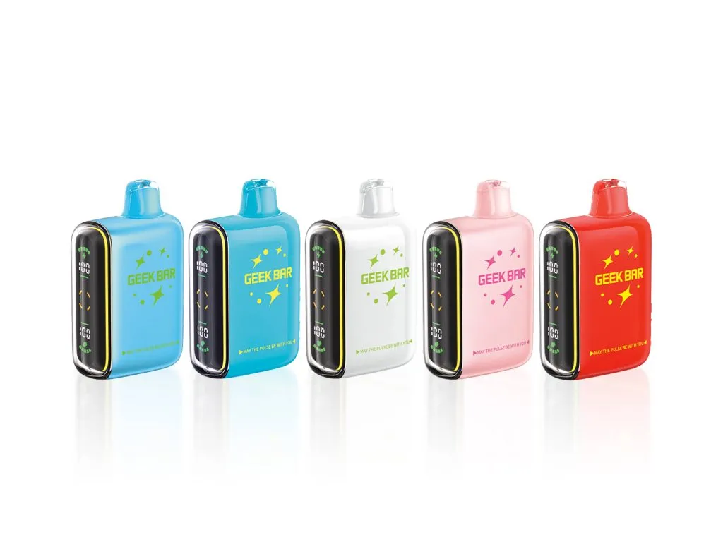 Five colorful Geek Bar Pulse vapes in blue, pink, white, and red, each displaying the phrase "May the pulse be with you."