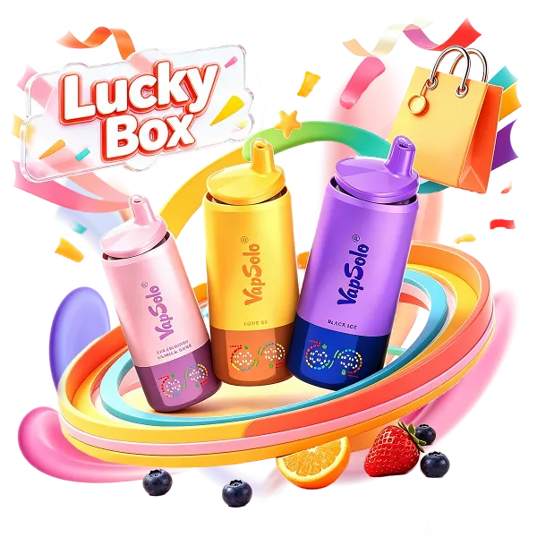 Vibrant VapSolo Lucky Box featuring three vape devices in pink, gold, and purple, showcasing Love 66, Blueberry Raspberry, and Black Ice flavors, surrounded by colorful design accents and fruits like orange slices, strawberries, and blueberries.