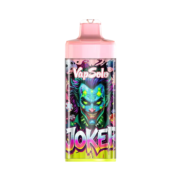Vibrant VapSolo Joker vape bottle featuring a striking clown face design and pink lemonade theme, highlighted by bold Joker text.