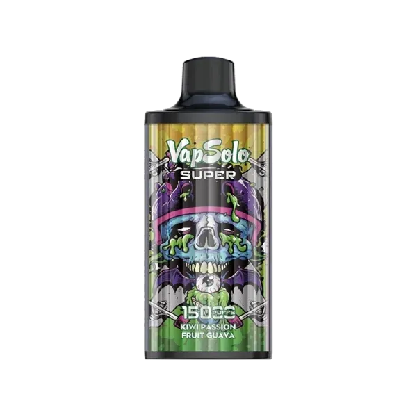 Vapsolo Super vape with skull design in Kiwi Passion Fruit Guava flavor offering 15000 puffs.