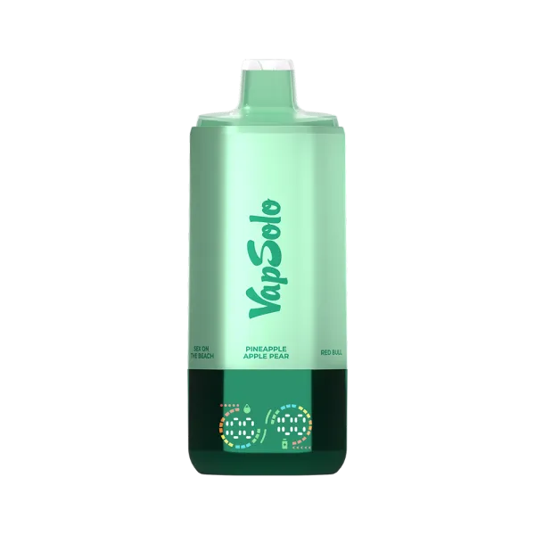VapSolo vape in green with flavors Pineapple Apple Pear and Red Bull, featuring "Sex on the Beach" label.