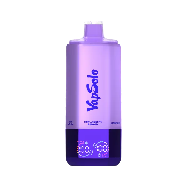 Purple VapSolo vape device featuring Strawberry Banana and Lemon Lime flavors, with "Hami Melon" visible near the bottom.