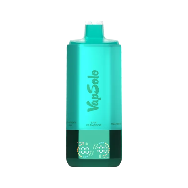 VapSolo vape device labeled "San Francisco" with flavors "Mixed Berry" and "Strawberry Kiwi."
