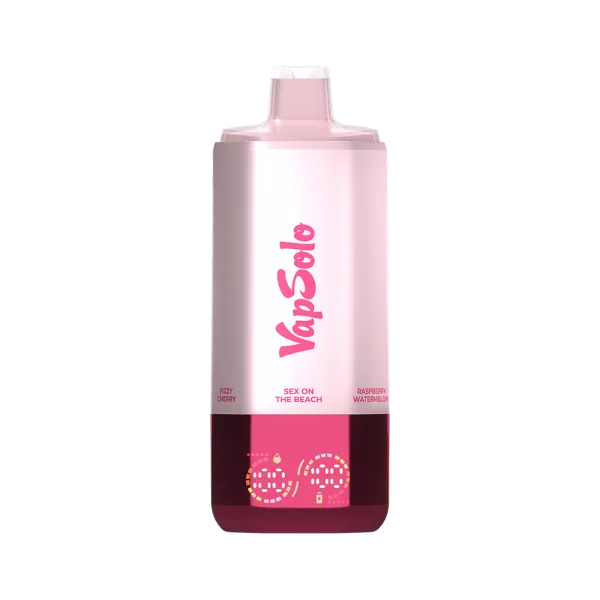 VapSolo vape featuring flavors Sex on the Beach, Raspberry Watermelon, and Fizzy Cherry, displayed on a pink-gradient device.