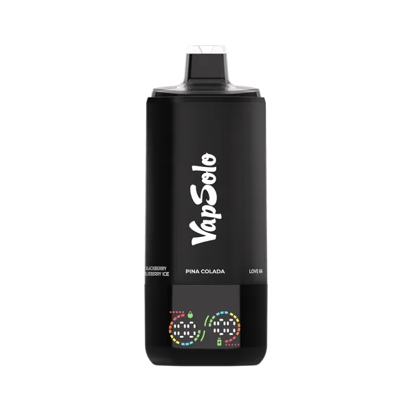 VapSolo vape featuring flavors Pina Colada, Blackberry Blueberry Ice, and Love 66 on a sleek black design.