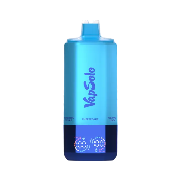VapSolo vape device featuring cheesecake, pineapple lemon, and watermelon coconut flavors.