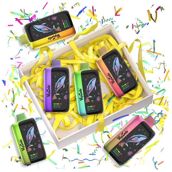 Caja blanca con cintas amarillas que contiene cinco vaporizadores de colores marcados con la marca VapeSolo, decorados con gráficos de ballenas en pantalla.