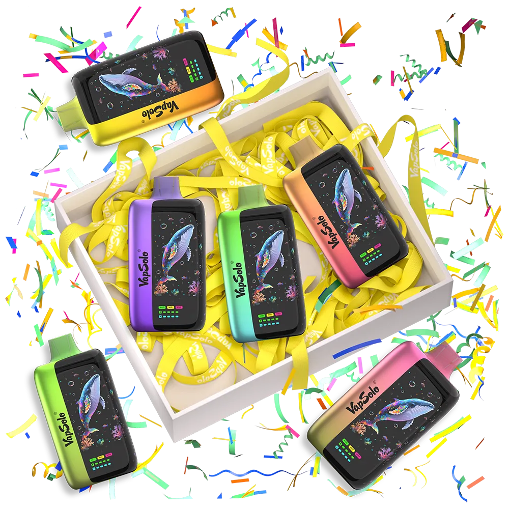 Caja blanca con cintas amarillas que contiene cinco vaporizadores de colores marcados con la marca VapeSolo, decorados con gráficos de ballenas en pantalla.
