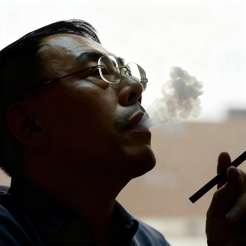 El farmacéutico chino Hon Lik sosteniendo su cigarrillo electrónico Ruyan de primera generación, junto a un dispositivo moderno de pods.