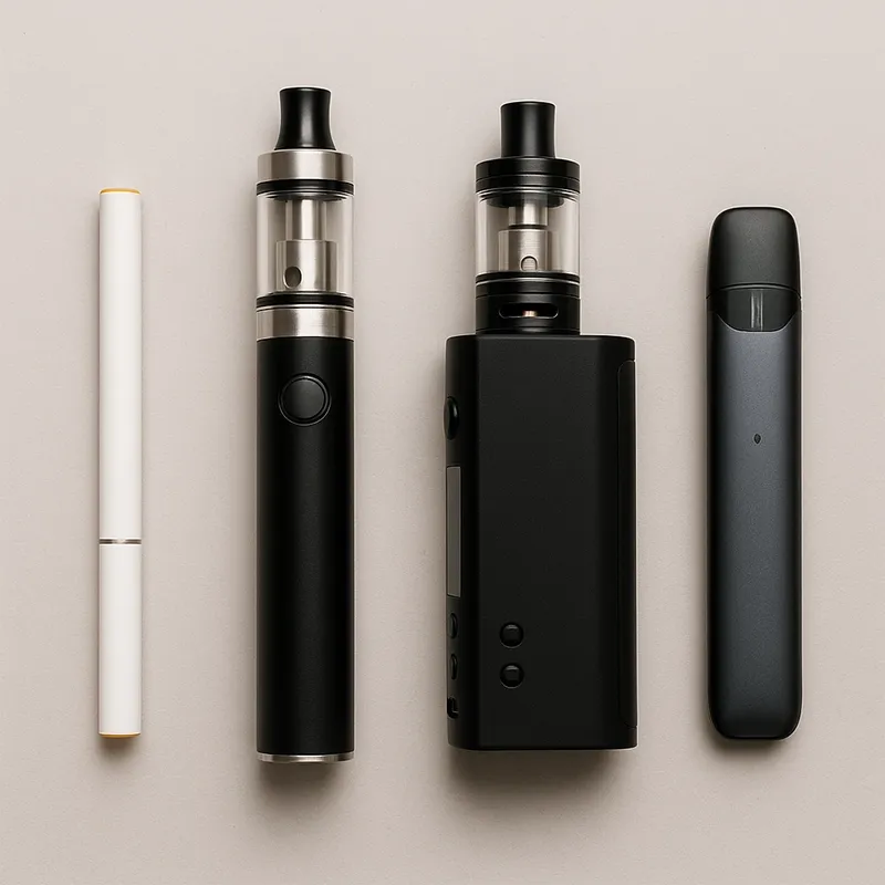 Foto en plano de cuatro cigarrillos electrónicos sobre un fondo neutro: un cigalike blanco, una pluma de vapeo, un box mod y un elegante sistema de pods.
