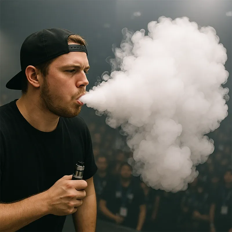 Imagen dividida: a la izquierda, una densa nube de vapor en una competencia de cloud chasing; a la derecha, un anuncio de salud pública contra el vapeo dirigido a los jóvenes.