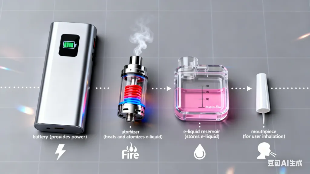Diagrama que muestra los componentes internos de un dispositivo de vape, incluyendo batería, atomizador, depósito de líquido electrónico y boquilla.