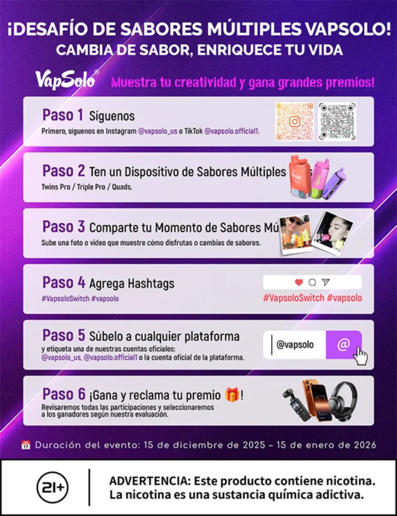 Desafío multisabores de Vapsolo en 2025.12 Cambia de sabor y enriquece tu vida.