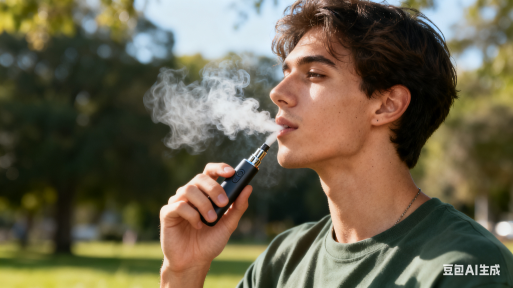 Hombre joven usando un dispositivo de vape al aire libre, exhalando vapor en un entorno de parque.