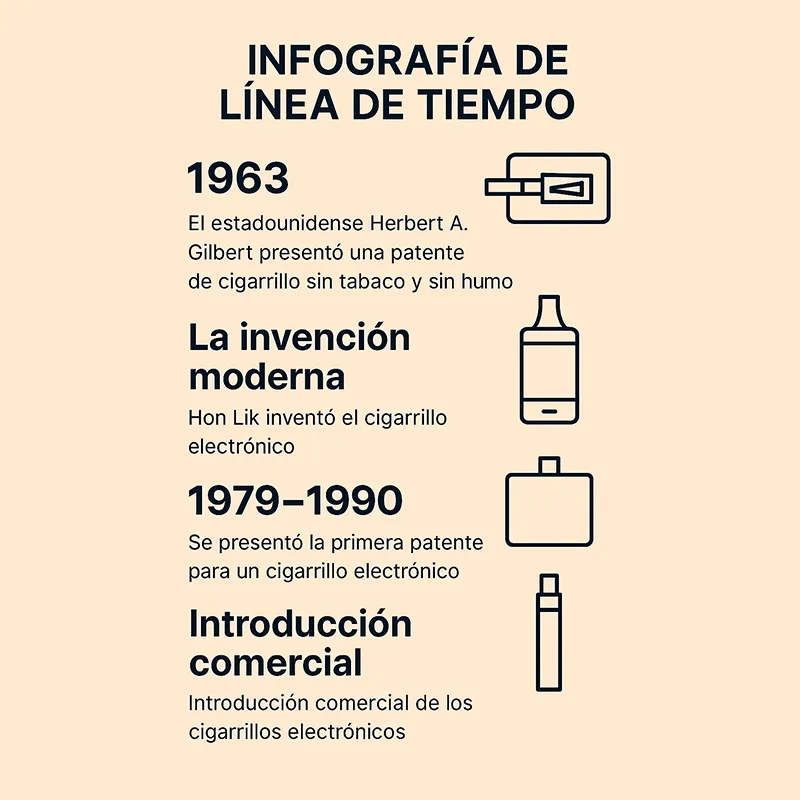 Infografía que muestra la historia de los cigarrillos electrónicos con fechas clave: 1963 (boceto de patente de Gilbert), 2003 (cigalike Ruyan) y 2015 (pod JUUL).